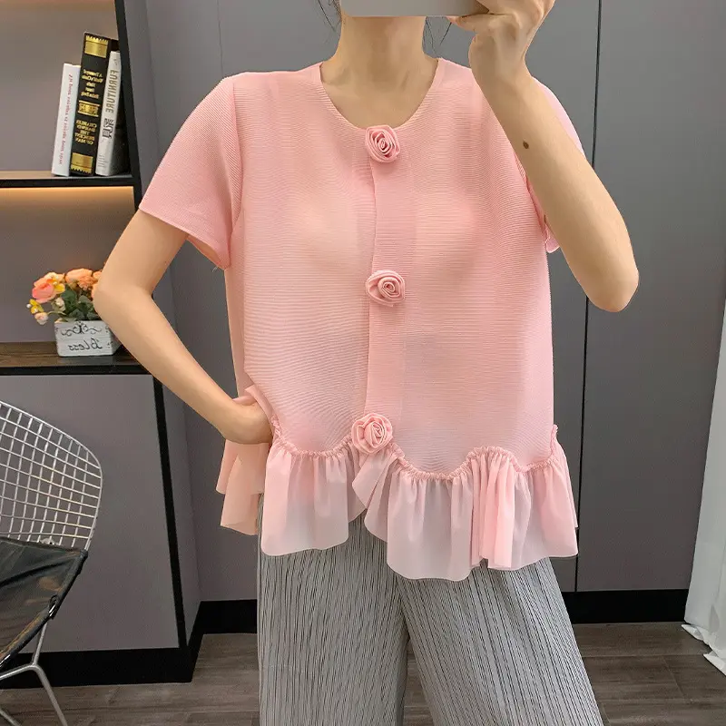 LANMREM Fake Cardigan Design Pleated Women's T-Shirt Chic New High-End Sweet Ruffled Spliced Short Sleeve Pullover Top 2DB3619