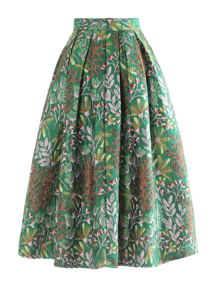 LANMREM Spring Green Jacquard Half Length Skirt Folded Ball Gown Mid Length High Waist Skirts 2025 New Famale Clothing 2DB3387