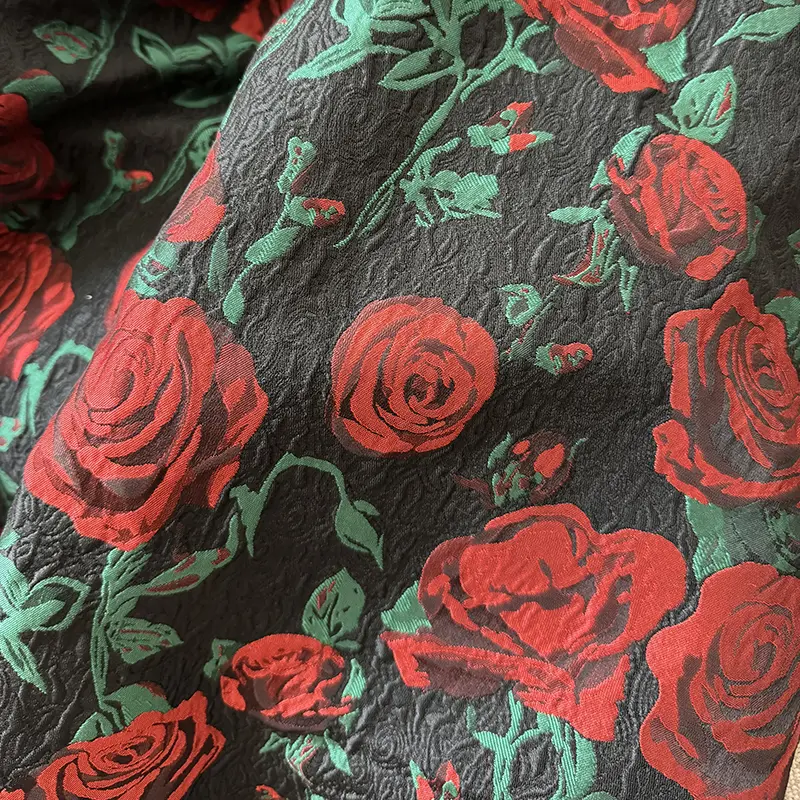 LANMREM Black Red Rose Jacquard High Waist Skirt For Women Niche Design Ball Gown A-line Skirts 2025 New Vintage Chic 2DB3385