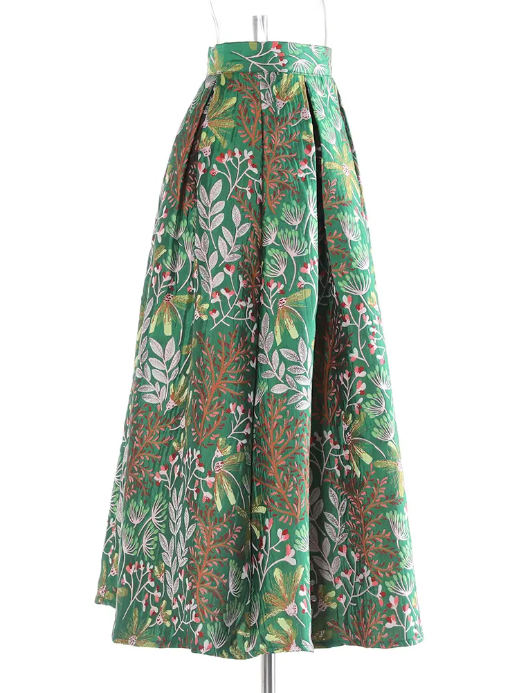 LANMREM Spring Green Jacquard Half Length Skirt Folded Ball Gown Mid Length High Waist Skirts 2025 New Famale Clothing 2DB3387