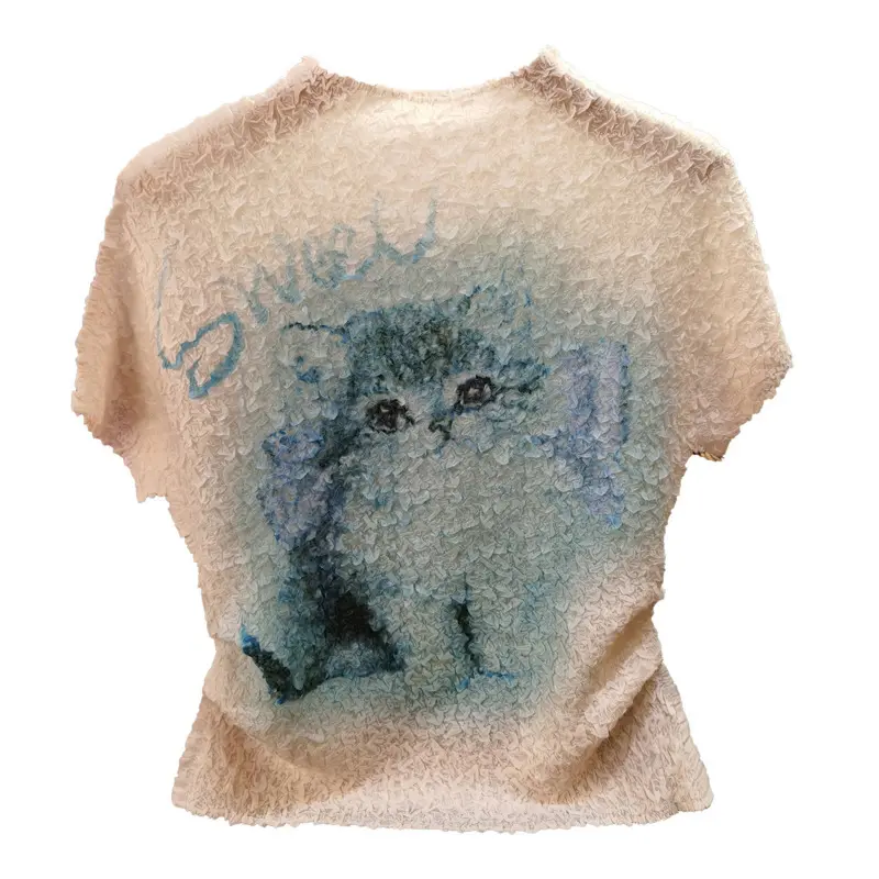 LANMREM Summer New Round Neck Rendered Print Pleated Women's T-shirt Elastic Slimming Short Sleeved Pullover Top Chic 2DB3422