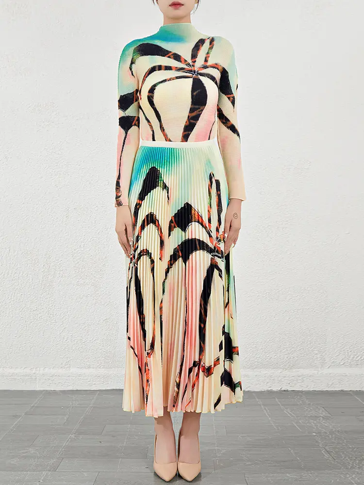 LANMREM Geometric Printing Elastic Slim Pleated Men's Two Pieces Set Stand Collar Long Sleeve T-shirt And A-line Skirt 2DB3415