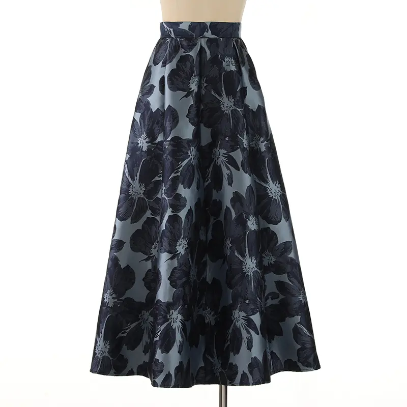 LANMREM High-end Jacquard A-line Mid Length Skirt For Women Navy Blue High Waisted Temperament Vintage Skirts 2025 New 2DB3423