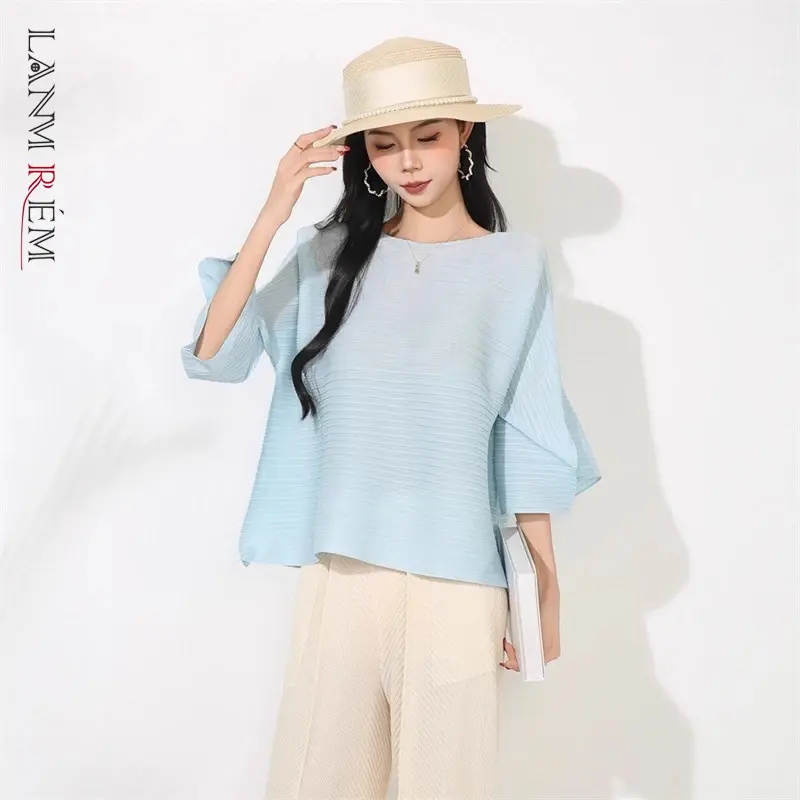 LANMREM Blue Niche Summer New Lantern Sleeve Design Women's T-shirt Round Neck Elastic Loose Short Sleeve Pullover Top 2DB4147