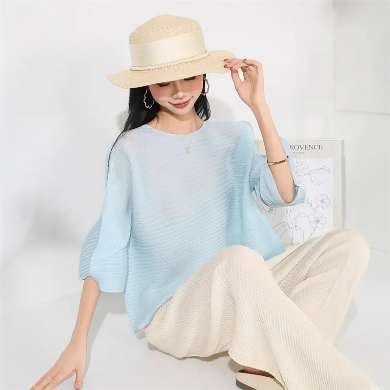 LANMREM Blue Niche Summer New Lantern Sleeve Design Women's T-shirt Round Neck Elastic Loose Short Sleeve Pullover Top 2DB4147
