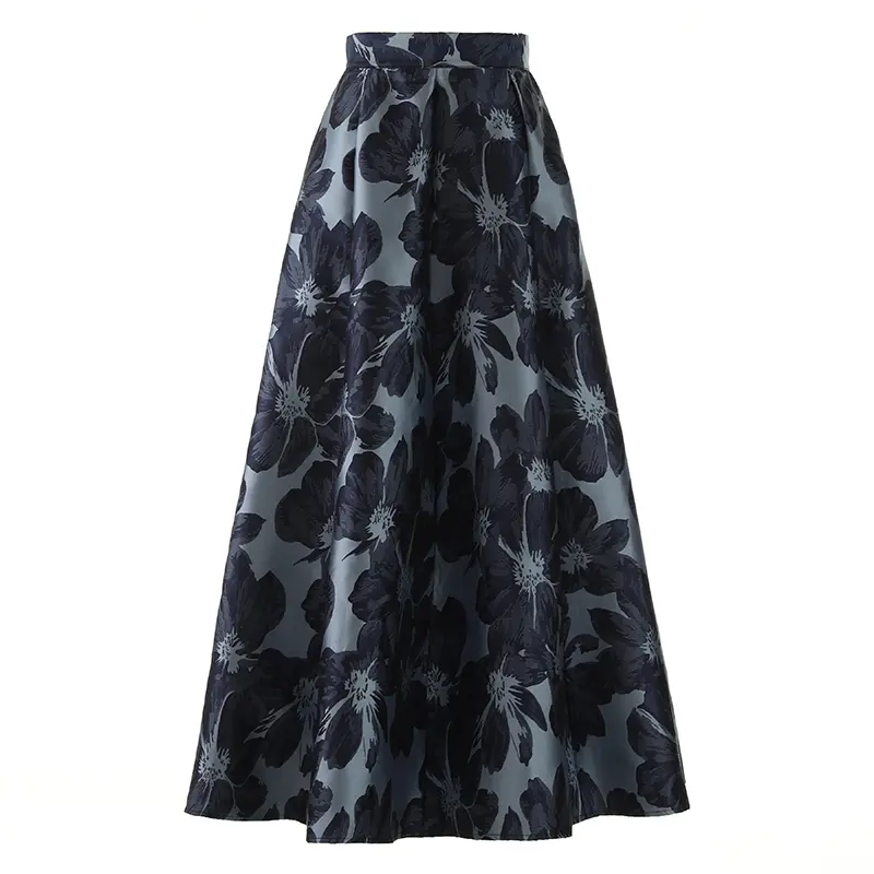 LANMREM High-end Jacquard A-line Mid Length Skirt For Women Navy Blue High Waisted Temperament Vintage Skirts 2025 New 2DB3423