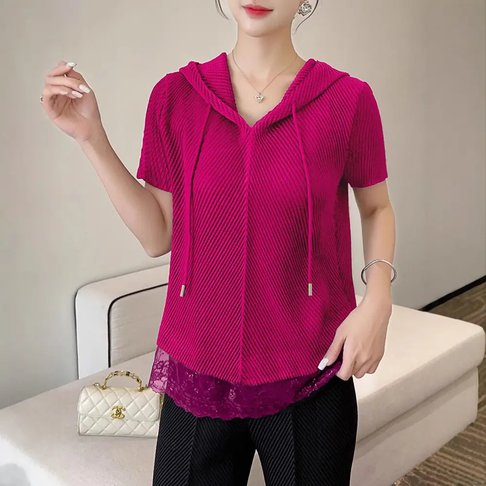 LANMREM Green Hooded Short Sleeve Sweatshirt Women's Casual Pleated T-Shirt Women Loose Patchwork Lace Hem Pullover Top 2DB3622