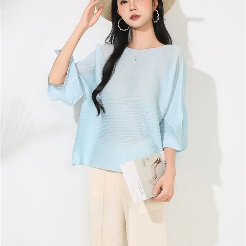 LANMREM Blue Niche Summer New Lantern Sleeve Design Women's T-shirt Round Neck Elastic Loose Short Sleeve Pullover Top 2DB4147