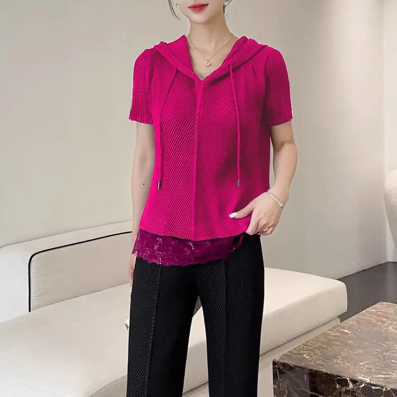 LANMREM Green Hooded Short Sleeve Sweatshirt Women's Casual Pleated T-Shirt Women Loose Patchwork Lace Hem Pullover Top 2DB3622