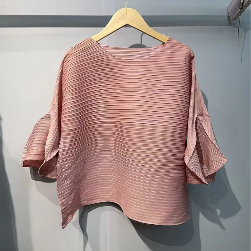 LANMREM Blue Niche Summer New Lantern Sleeve Design Women's T-shirt Round Neck Elastic Loose Short Sleeve Pullover Top 2DB4147