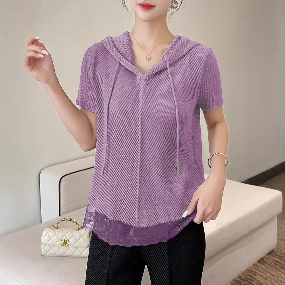 LANMREM Green Hooded Short Sleeve Sweatshirt Women's Casual Pleated T-Shirt Women Loose Patchwork Lace Hem Pullover Top 2DB3622