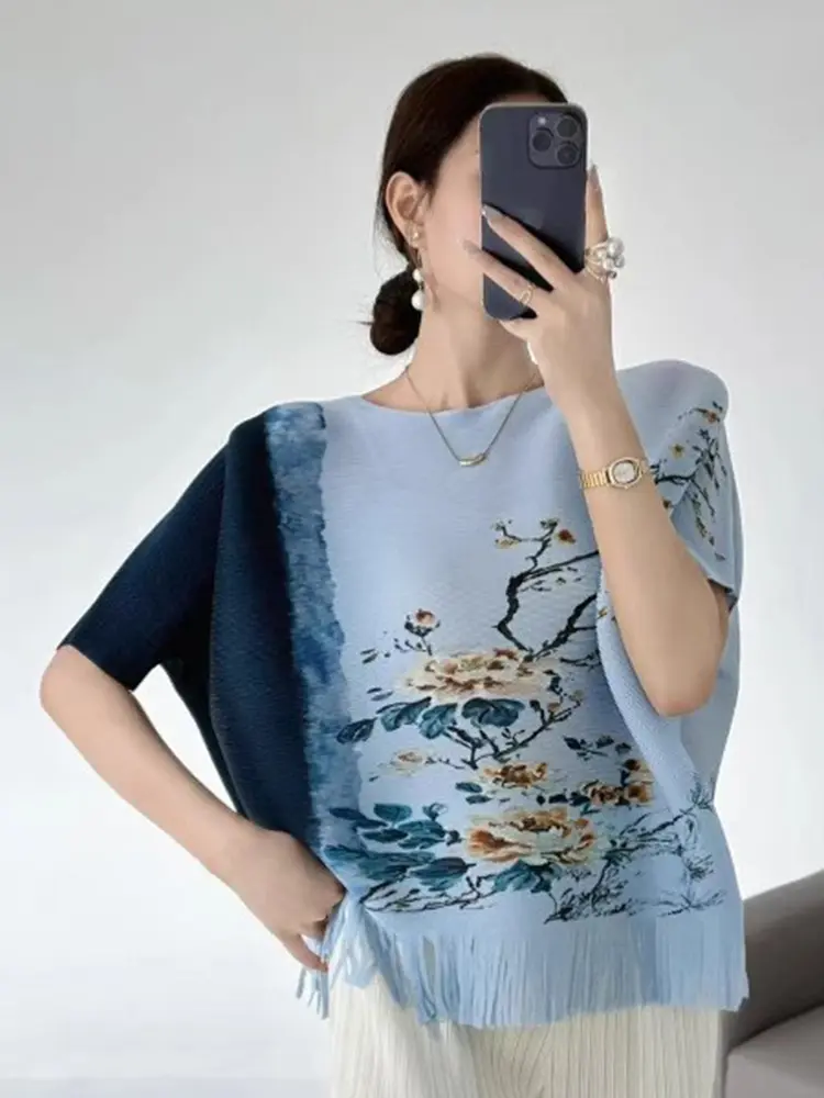 LANMREM High Quality Chic Loose Bawting Short Sleeves Women's T-shirt O-neck Loose Printting Tops With Tassel Design New 2DB3433