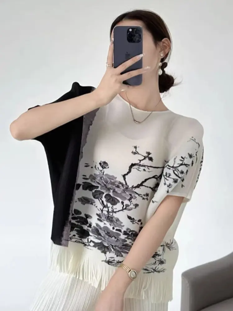 LANMREM High Quality Chic Loose Bawting Short Sleeves Women's T-shirt O-neck Loose Printting Tops With Tassel Design New 2DB3433