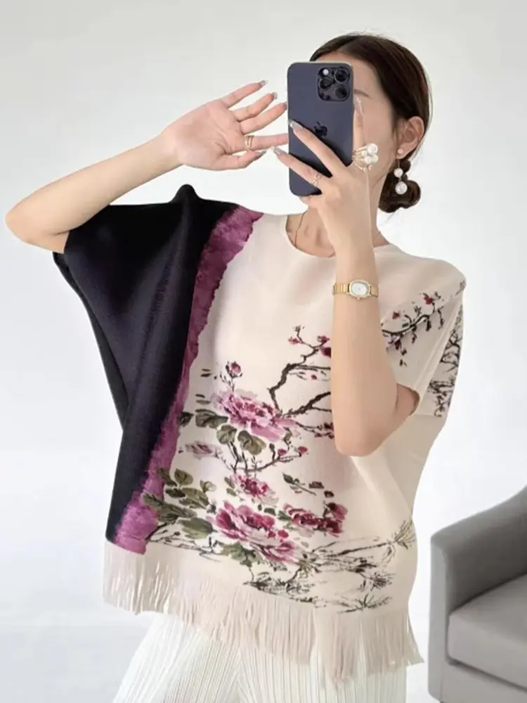 LANMREM High Quality Chic Loose Bawting Short Sleeves Women's T-shirt O-neck Loose Printting Tops With Tassel Design New 2DB3433