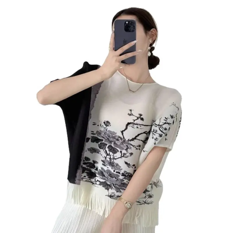 LANMREM High Quality Chic Loose Bawting Short Sleeves Women's T-shirt O-neck Loose Printting Tops With Tassel Design New 2DB3433