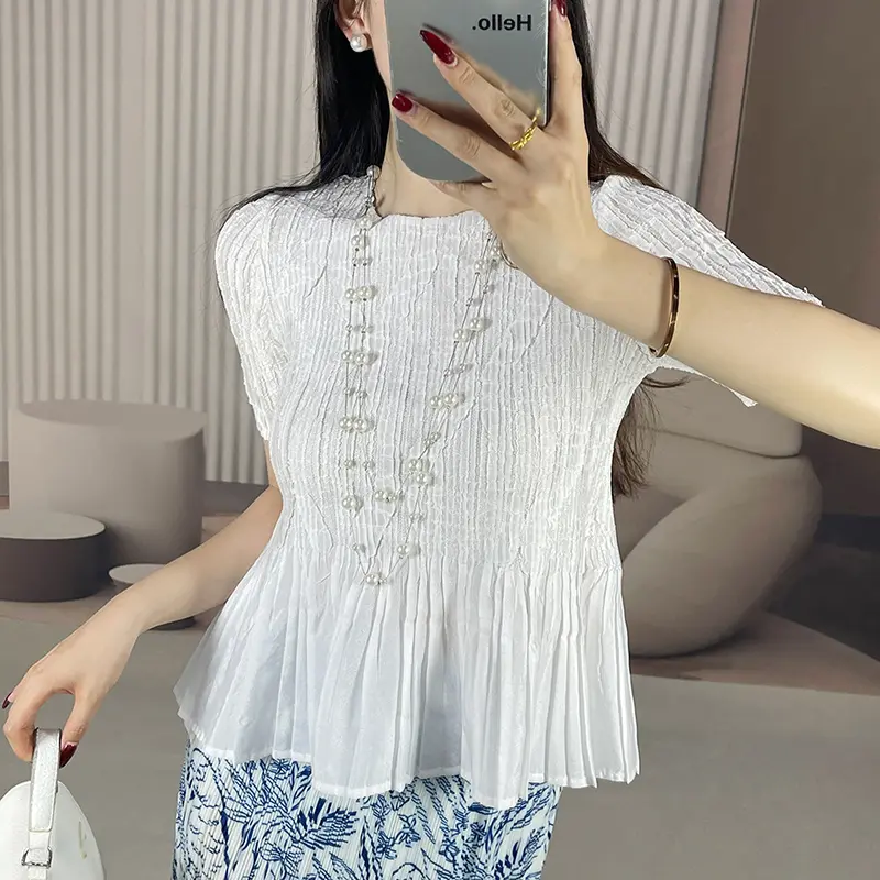 LANMREM Embossed Pleated O-neck Women's T-shirt Summer Short Sleeve Chic Spliced Design Pullover Top Summer Niche Tee 2DB3660