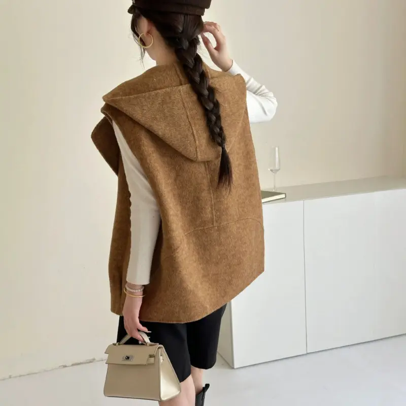 LANMREM Hooded Double-Breasted Reversible Wool Sleeveless Mid-Length Vest Women's Chic New Autumn Winter Sleeveless Top 2DB4063