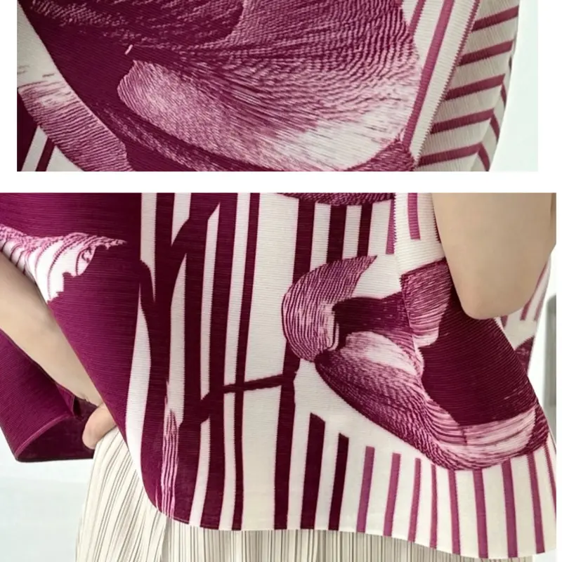 LANMREM 2025 Summer New Pleated O-neck Printed Women's T-Shirt Loose Simple Short Sleeve Puoover Top Elastic Loose Tee 2DB3810