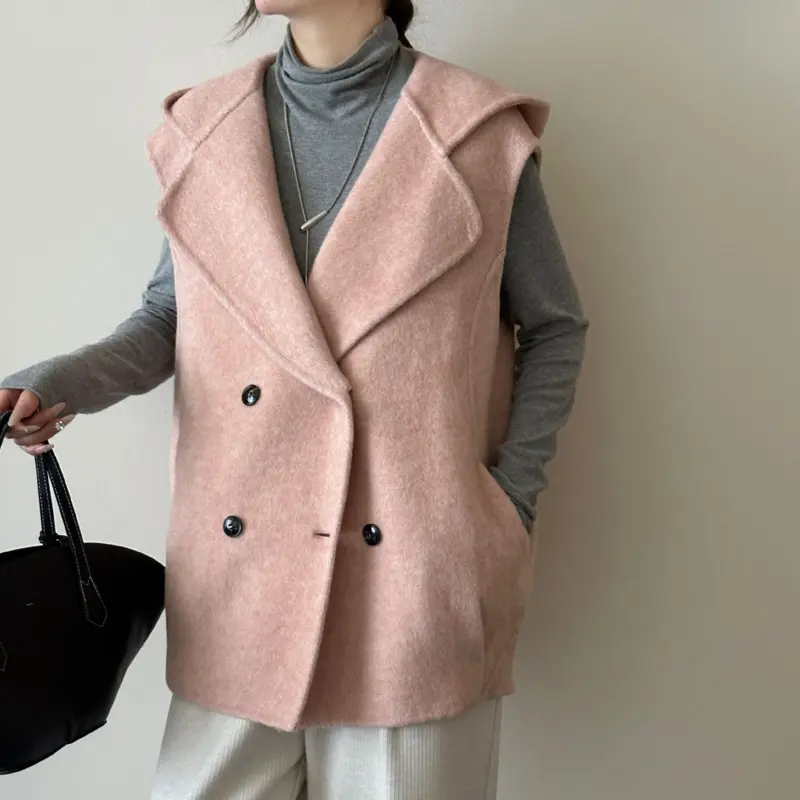 LANMREM Hooded Double-Breasted Reversible Wool Sleeveless Mid-Length Vest Women's Chic New Autumn Winter Sleeveless Top 2DB4063