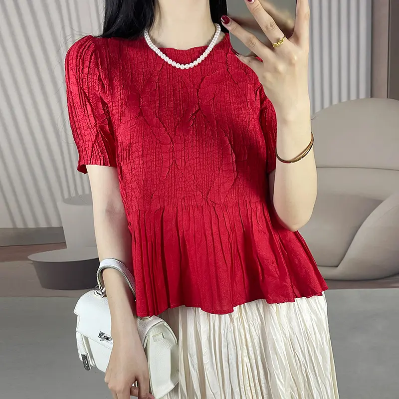 LANMREM Embossed Pleated O-neck Women's T-shirt Summer Short Sleeve Chic Spliced Design Pullover Top Summer Niche Tee 2DB3660