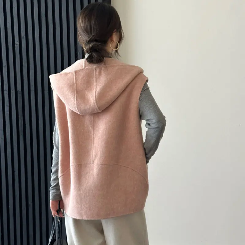 LANMREM Hooded Double-Breasted Reversible Wool Sleeveless Mid-Length Vest Women's Chic New Autumn Winter Sleeveless Top 2DB4063