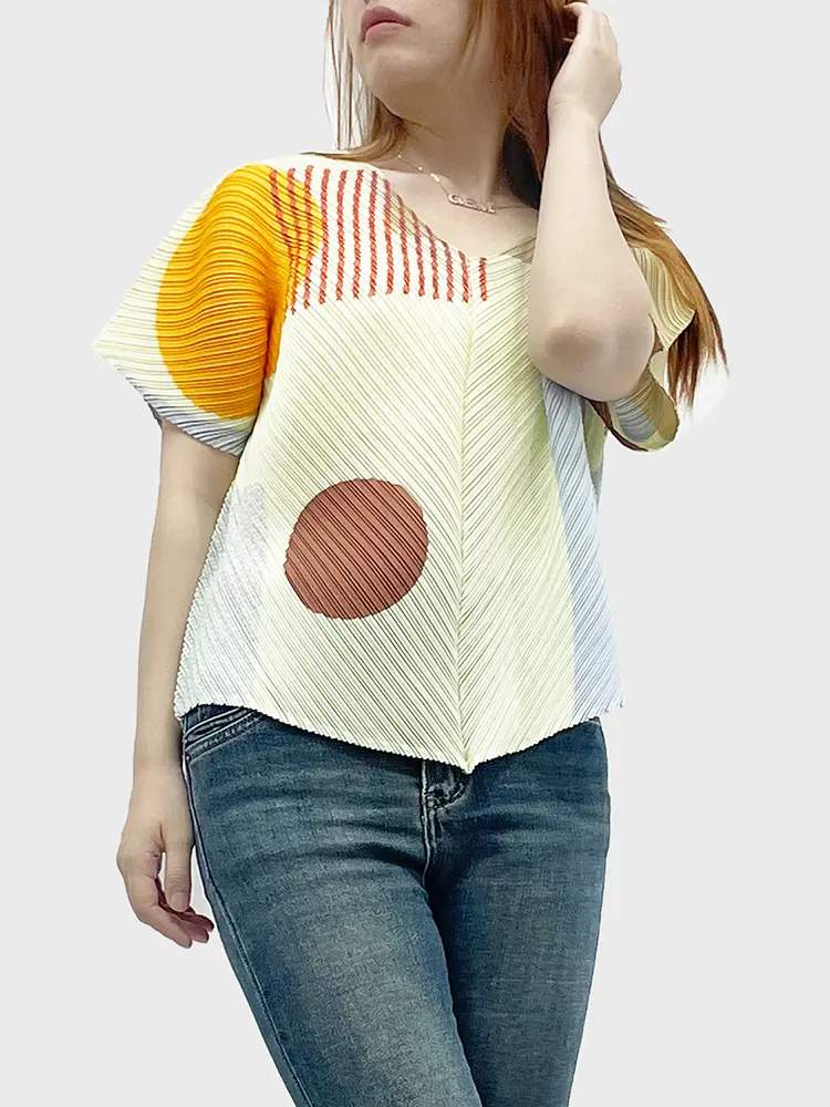 LANMREM Summer Color-block Dot Printting Short Sleeve Women's T-Shirt High-End Loose V-Neck Batwing Sleeve Casual Top 2DB3596