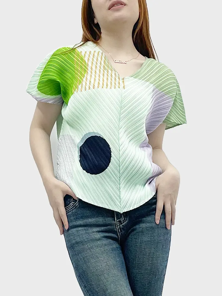 LANMREM Summer Color-block Dot Printting Short Sleeve Women's T-Shirt High-End Loose V-Neck Batwing Sleeve Casual Top 2DB3596