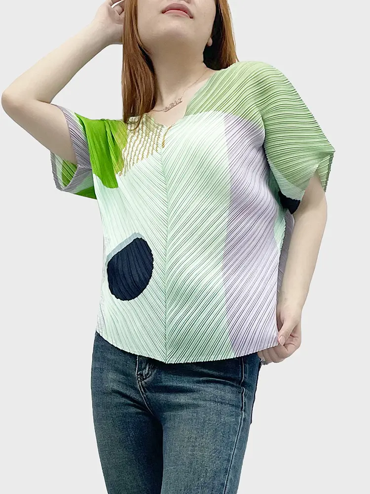 LANMREM Summer Color-block Dot Printting Short Sleeve Women's T-Shirt High-End Loose V-Neck Batwing Sleeve Casual Top 2DB3596
