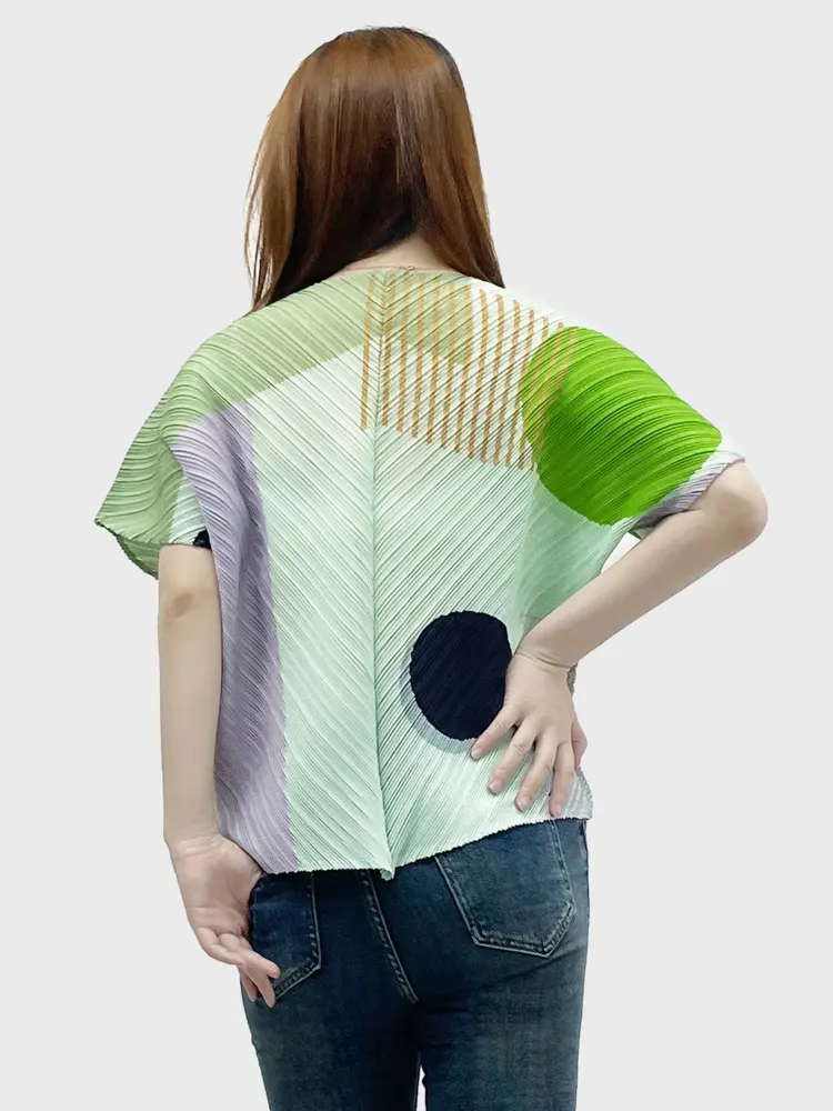 LANMREM Summer Color-block Dot Printting Short Sleeve Women's T-Shirt High-End Loose V-Neck Batwing Sleeve Casual Top 2DB3596