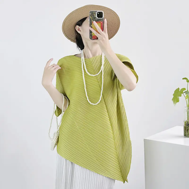 LANMREM Pleated 2025 Summer Design Solid Color Irregular High-end Women's T-shirt Elastic Loose Pullover Top Versatile 2DB4127
