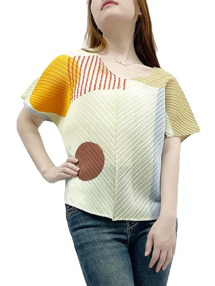 LANMREM Summer Color-block Dot Printting Short Sleeve Women's T-Shirt High-End Loose V-Neck Batwing Sleeve Casual Top 2DB3596