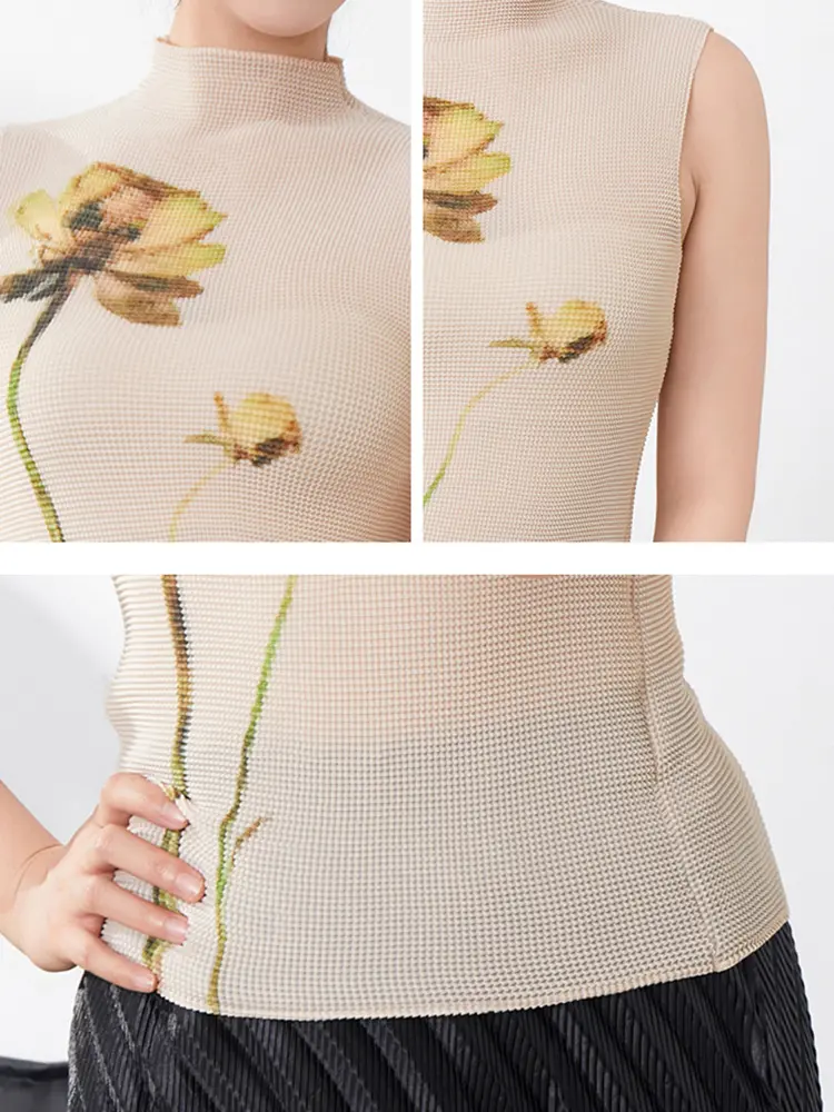 LANMREM Sleeveless Slim T-shirt For Women 2025 Summer New Flower Printing Turtleneck Thin Style Female Pleated Top 2DM1027