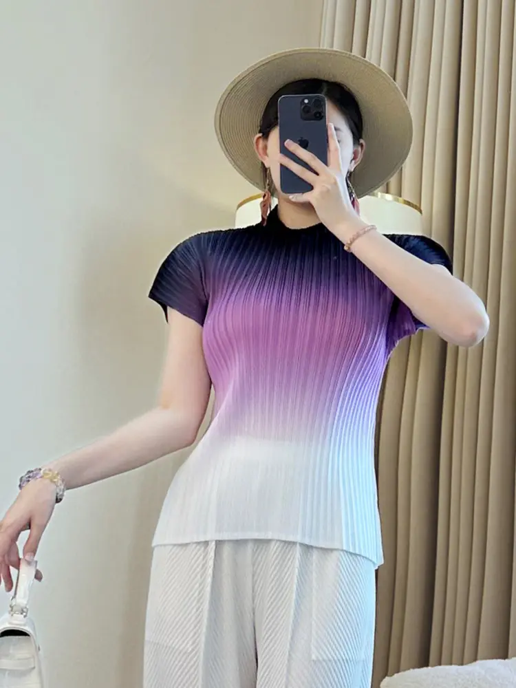 LANMREM Gradient High Elastic Slim Short Sleeve Women's T-shirt 2025 New Summer Stand Collar Fashion Pullover Tee Top 2DB3545