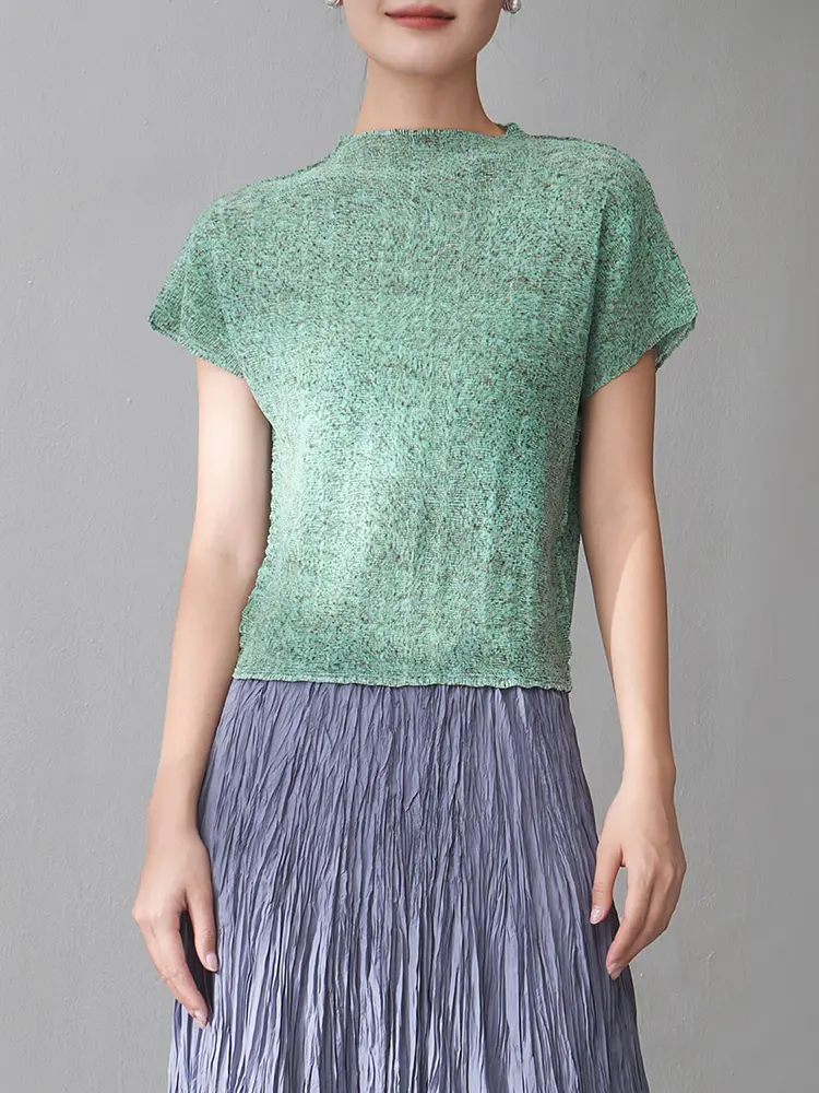 LANMREM Pleated T-shirt For Women 2025 Summer New Short Sleeves Loose Casual Top Female Comfortable Clothes 2DM1013