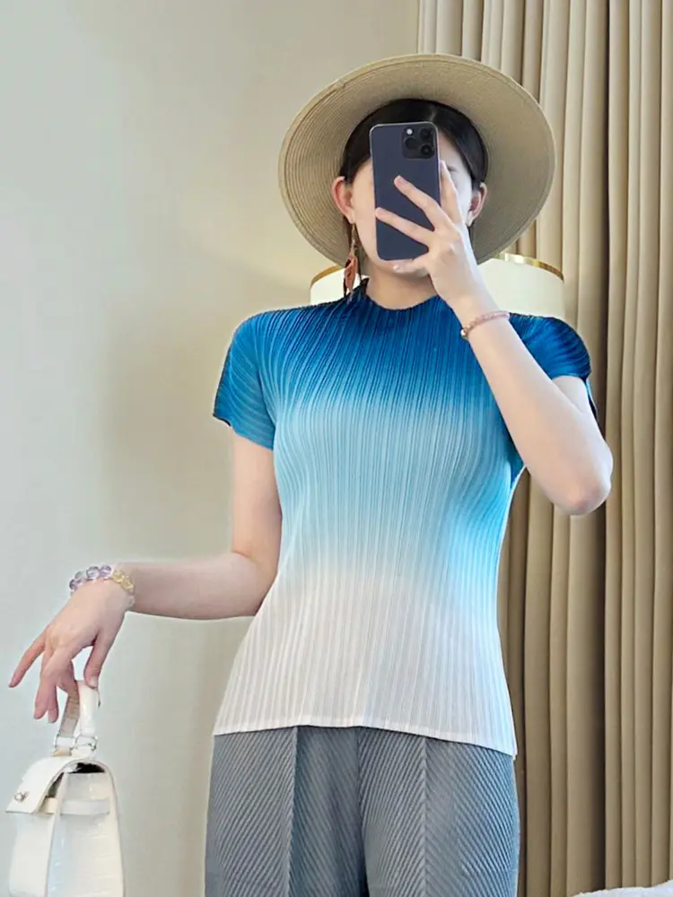 LANMREM Gradient High Elastic Slim Short Sleeve Women's T-shirt 2025 New Summer Stand Collar Fashion Pullover Tee Top 2DB3545