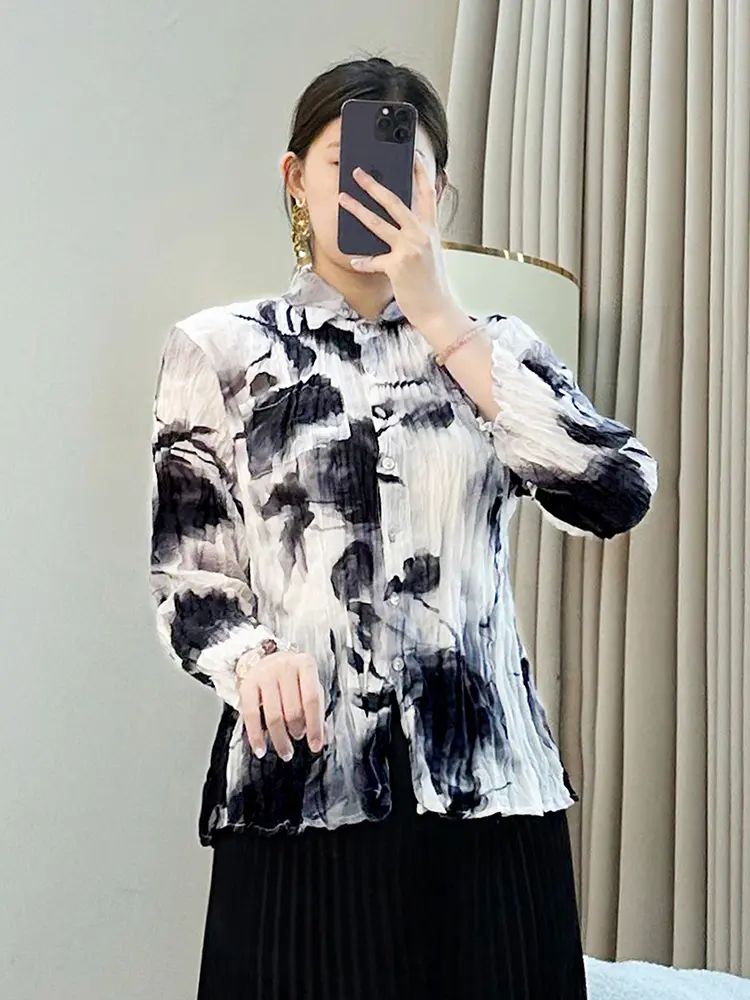 LANMREM Niche Tie Dye Design Printting Pleated Women's Shirts 2025 New High Elastic Slim Chic Blouse Long Sleeve Tops 2DB3470