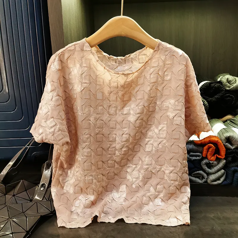 LANMREM High-end Niche Handmade Pleated O-neck Women's T-shirt Summer New Elastic Loose Beige Lightweight Pullover Top 2DB3758