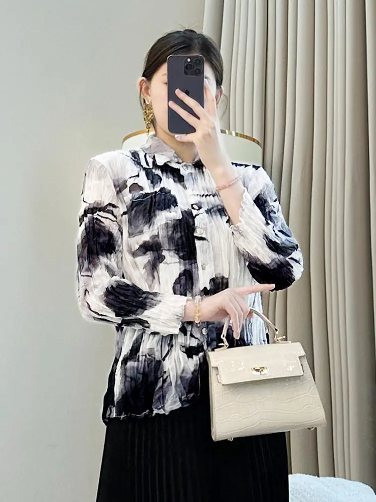 LANMREM Niche Tie Dye Design Printting Pleated Women's Shirts 2025 New High Elastic Slim Chic Blouse Long Sleeve Tops 2DB3470