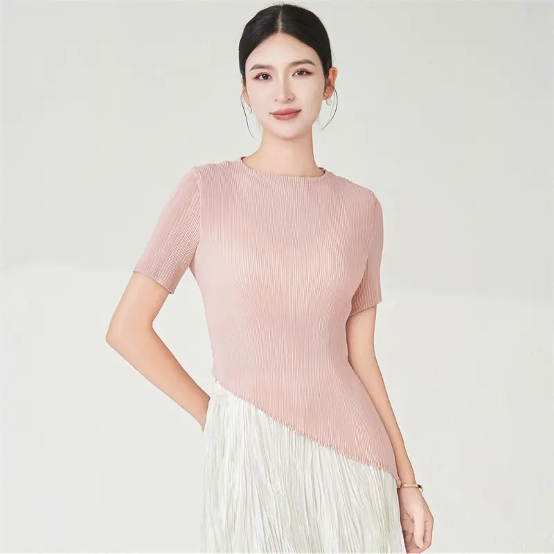LANMREM Women's Short Sleeve T-Shirt High Elastic Slim 2025 Summer New Irregular Solid Color Simple Fashion Pullover Top 2DB4079