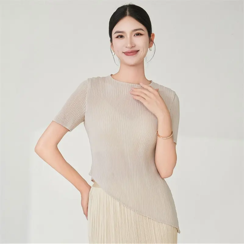 LANMREM Women's Short Sleeve T-Shirt High Elastic Slim 2025 Summer New Irregular Solid Color Simple Fashion Pullover Top 2DB4079