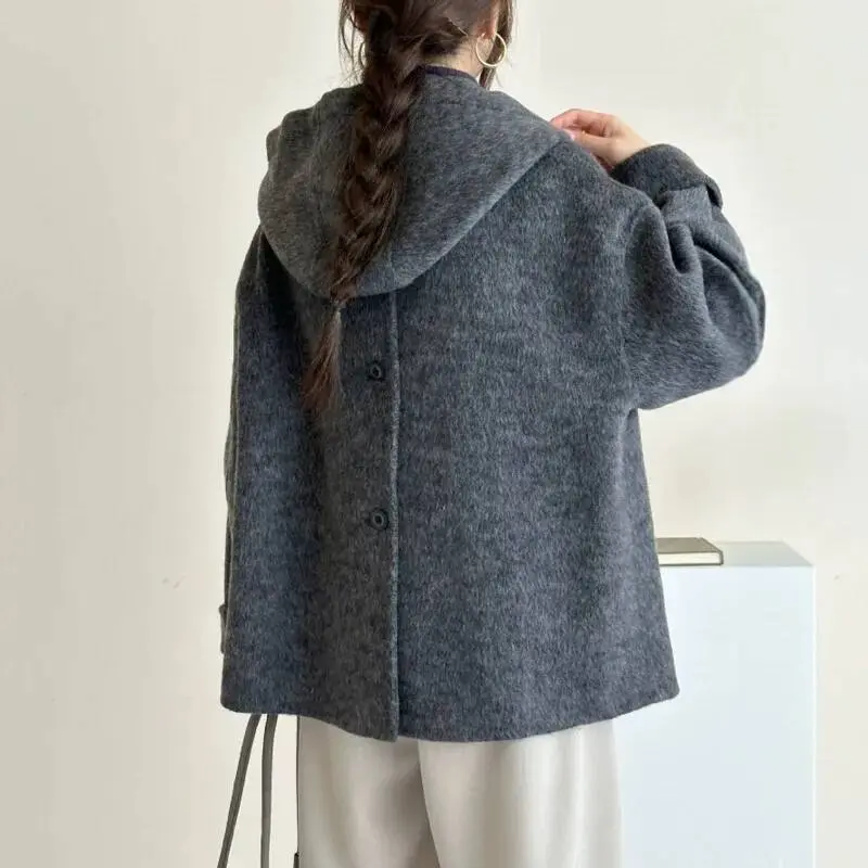 LANMREM High Quality Grey Pullover Hooded Long Sleeve Drop Shoulder Women's Sweatshirt Autumn Winter Double-Sided Top 2DB4064