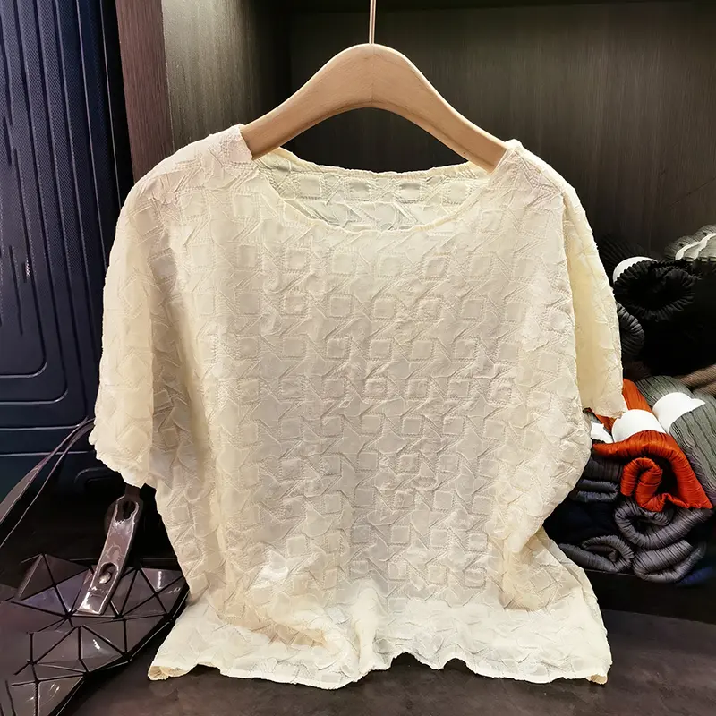 LANMREM High-end Niche Handmade Pleated O-neck Women's T-shirt Summer New Elastic Loose Beige Lightweight Pullover Top 2DB3758