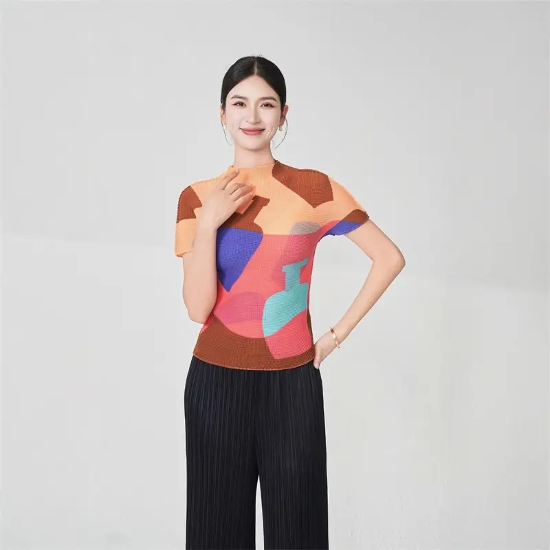 LANMREM High Elastic Slimming Women's T-Shirt Summer Short Sleeve Corn Grain Print Versatile Trendy Pullover Top Chic 2DB4078