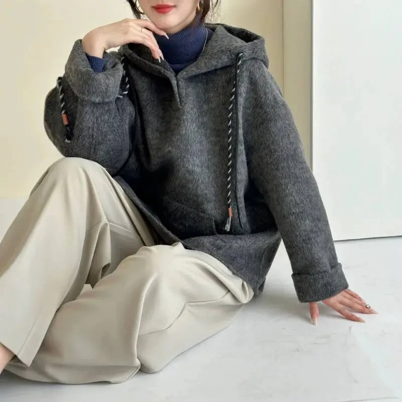 LANMREM High Quality Grey Pullover Hooded Long Sleeve Drop Shoulder Women's Sweatshirt Autumn Winter Double-Sided Top 2DB4064