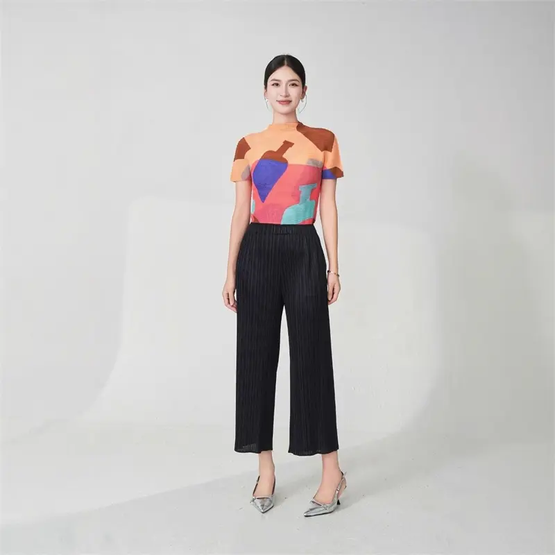 LANMREM High Elastic Slimming Women's T-Shirt Summer Short Sleeve Corn Grain Print Versatile Trendy Pullover Top Chic 2DB4078