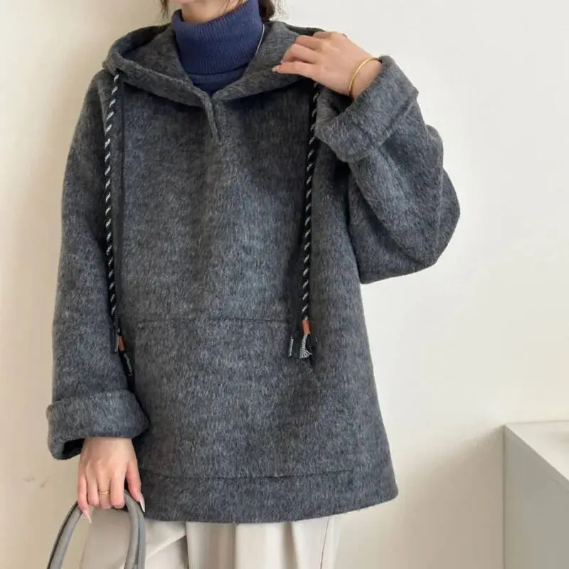 LANMREM High Quality Grey Pullover Hooded Long Sleeve Drop Shoulder Women's Sweatshirt Autumn Winter Double-Sided Top 2DB4064