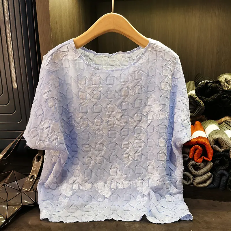 LANMREM High-end Niche Handmade Pleated O-neck Women's T-shirt Summer New Elastic Loose Beige Lightweight Pullover Top 2DB3758