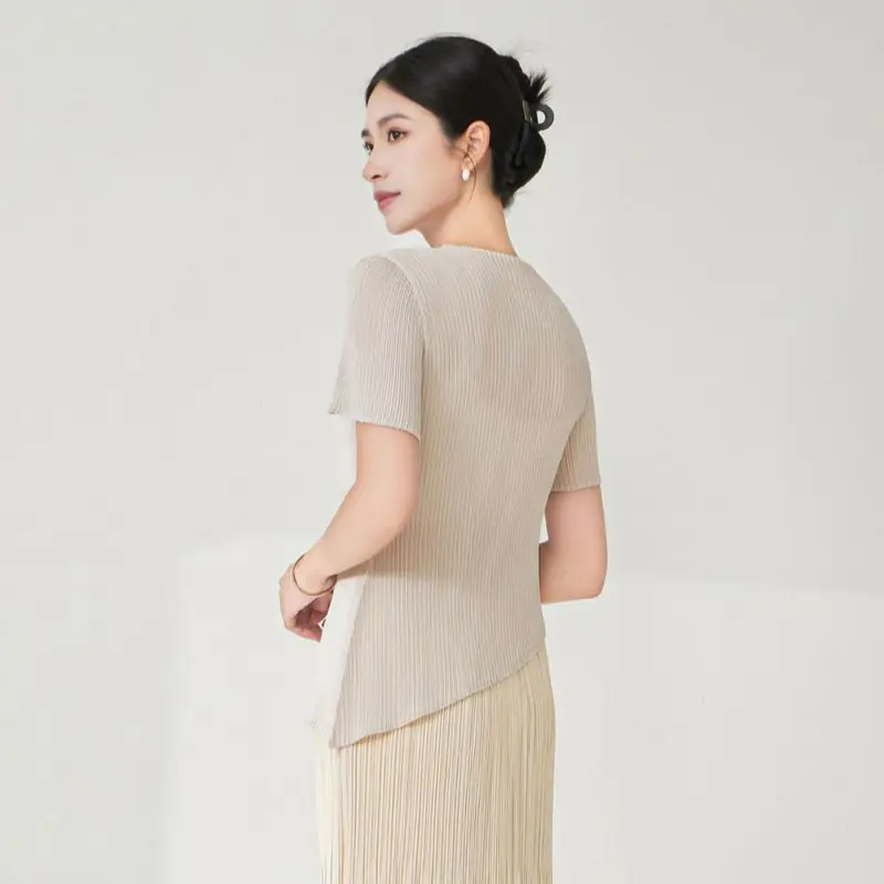 LANMREM Women's Short Sleeve T-Shirt High Elastic Slim 2025 Summer New Irregular Solid Color Simple Fashion Pullover Top 2DB4079