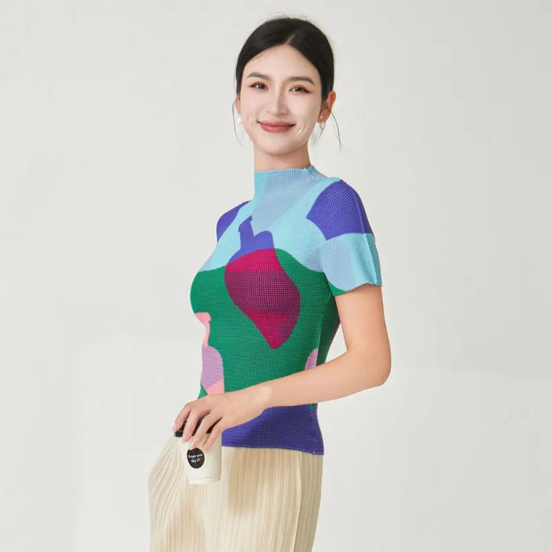 LANMREM High Elastic Slimming Women's T-Shirt Summer Short Sleeve Corn Grain Print Versatile Trendy Pullover Top Chic 2DB4078