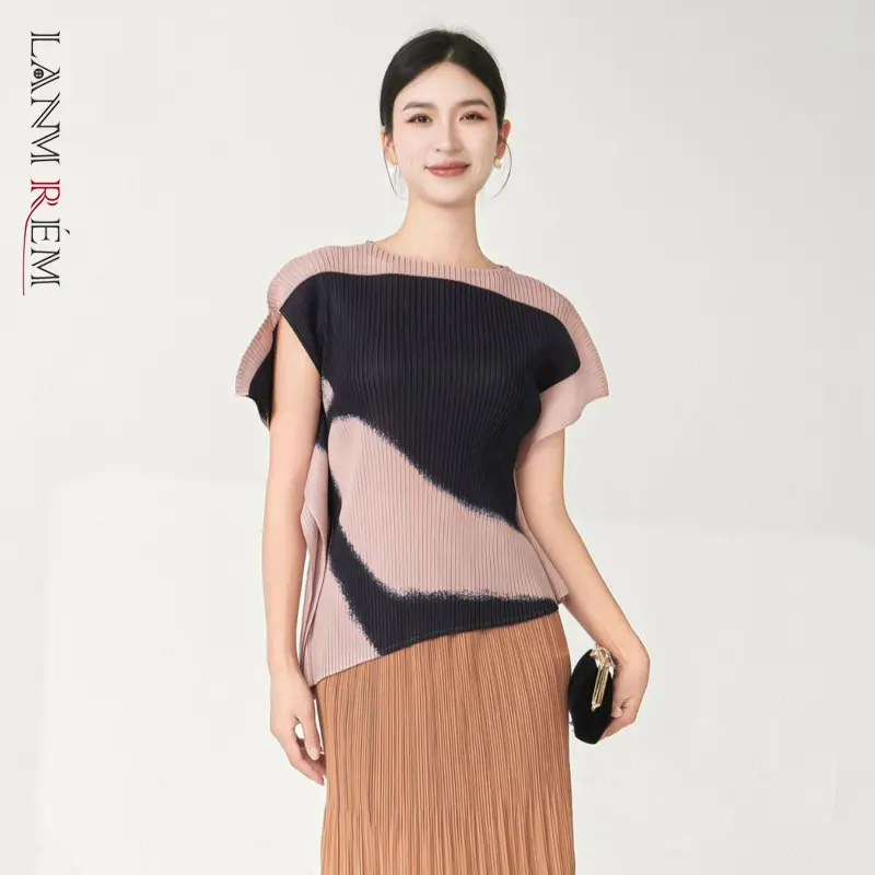 LANMREM Niche Colorblock Printting Irregular Pleated Women's T-Shirt High-End Chic New Loose Short Sleeve Summer Top 2DB395405